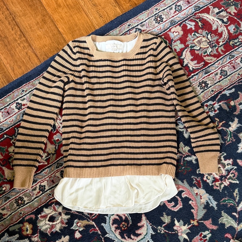 LOFT Striped Crewneck Sweater with Layered Hem - Beige & Black